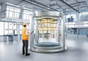 Mérnök, akik kvantumszámítógépet fejlesztenek egy pajzskapszulában.