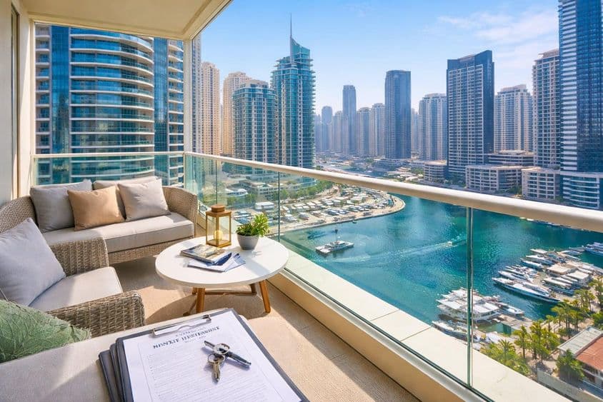 Dubai lakásbérlés: szerződés, kulcsok és a Marina panorámája.