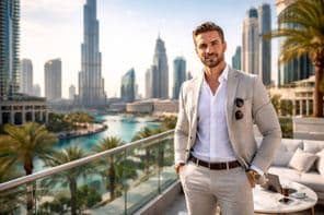 Sikeres üzletember és dubai panoráma