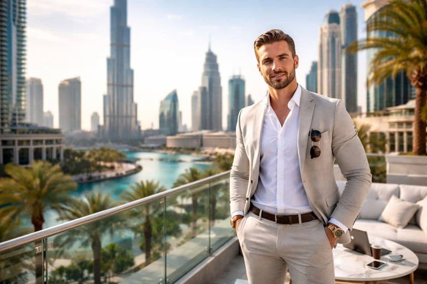 Sikeres üzletember és dubai panoráma